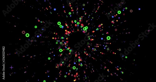 Abstract colorful star shapes and glowing spheres floating on dark background stars particles