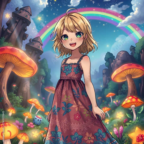 Joyful Blonde Girl with Sparkling Glitter Hair in a Magical Enchanted Forest Under a Colorful Rainbow