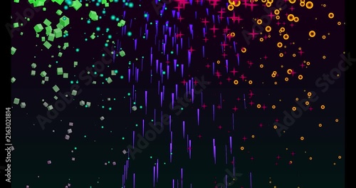 Colorful digital particle animation background with glowing floating cubes and light streaks