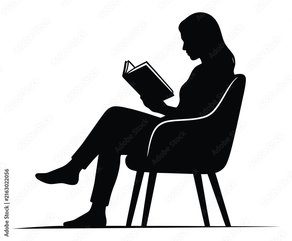 Fototapeta premium Woman sitting in chair reading book silhouette isolated on white background with copy space