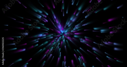 Hypnotic tunnel of blue and purple glowing light streaks moving outward from center