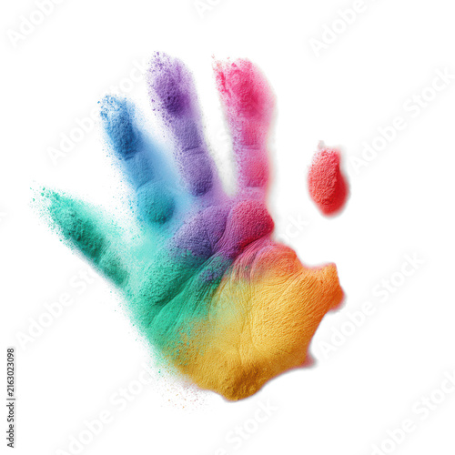 Multicolor powder handprint with rainbow pigment dust burst isolated on transparent background