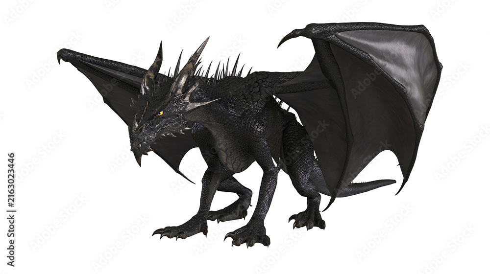 Fototapeta premium Black dragon with large wings and sharp horns