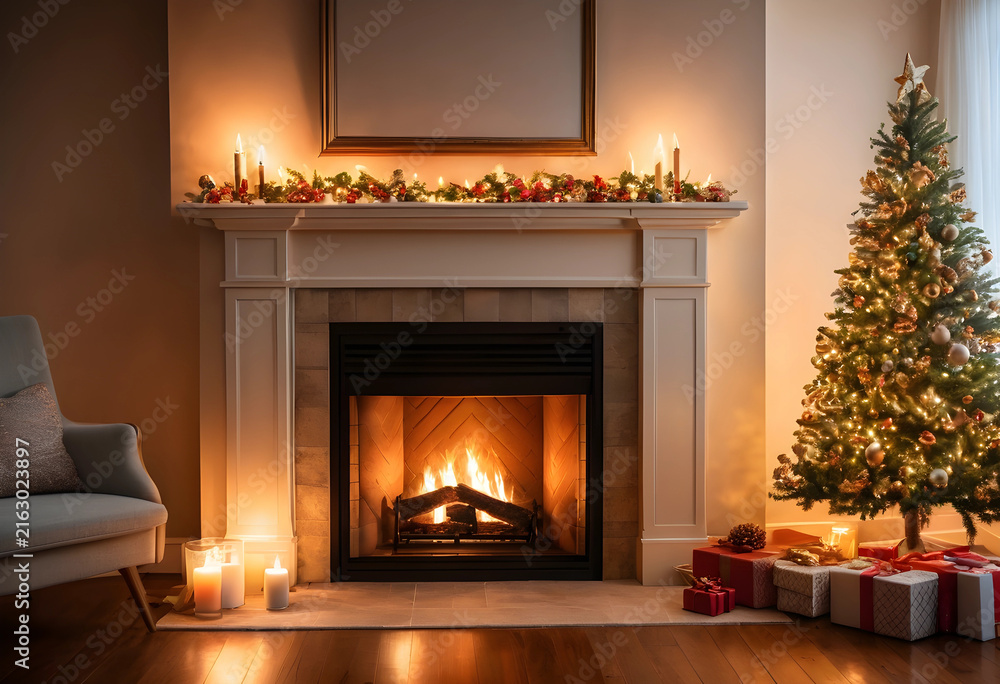 Naklejka premium Cozy christmas holiday season with fireplace and decorated tree, festive home interior for winter celebration