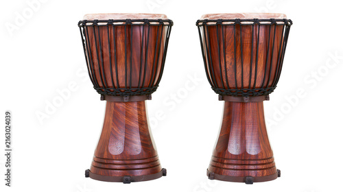 Foto Two wooden djembe drums with natural skin heads and rope tuning