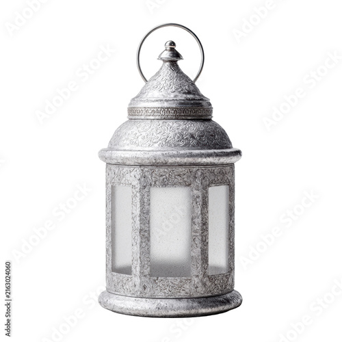 Ornate silver metal candle lantern with embossed floral pattern and frosted glass panels