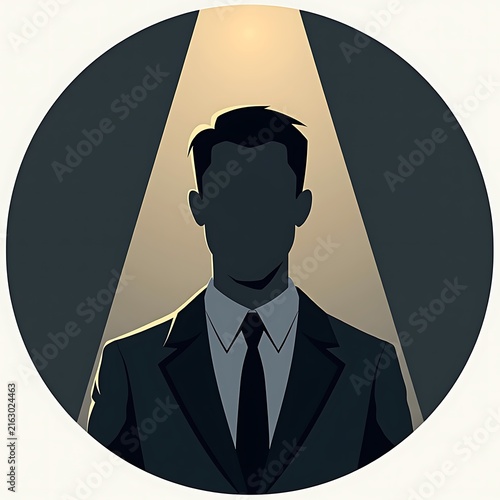 Businessman silhouette under light ray on round background