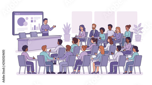Illustrated diverse team participating in brainstorming session.
