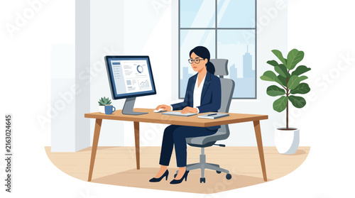Professional Woman Working at Modern Office Desk.