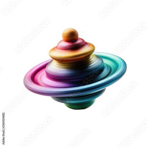 Colorful layered spinning top toy with concentric ridges and rainbow gradient 3D render