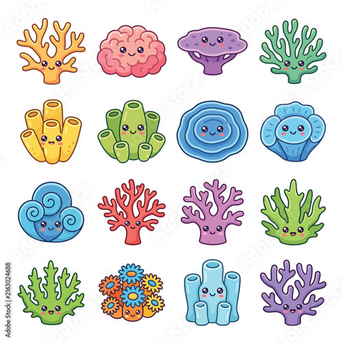 Colorful Cartoon Coral Reef Sea Creatures Illustration.