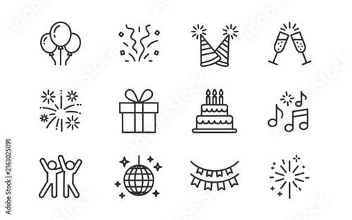 Party celebration line icon set including balloons confetti gift box cake fireworks disco ball champagne glasses isolated on white background