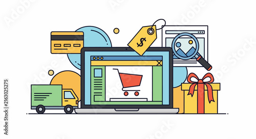 Online shopping illustration with laptop, credit card and delivery truck. E-commerce business concept with gift box, magnifying glass, sales tag and shopping cart. Flat vector graphic.