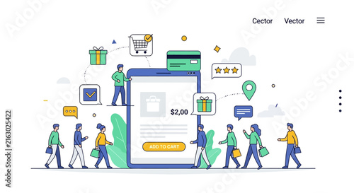 E-commerce Transaction Illustration, Online Shopping Concept, Digital Commerce Vector, Credit Card Payment, Consumer Customers With Smartphone, E-business Checkout, Modern Flat Design People