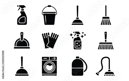 Cleaning service equipment vector icon set featuring spray bottle bucket broom plunger rubber gloves washing machine isolated on white background