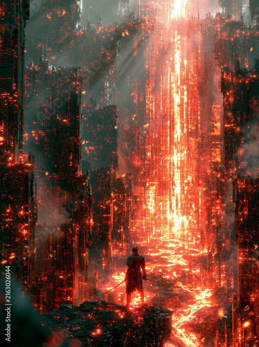 Person Entering Fiery Digital City Through Red Light