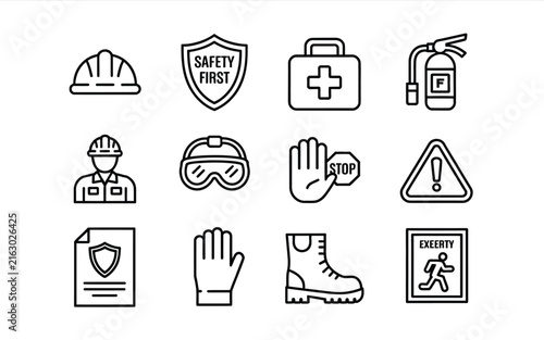 Workplace safety construction line icon set featuring helmet extinguisher goggles boots first aid kit worker isolated on white background