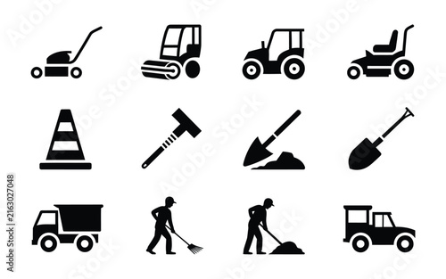Lawn care construction and gardening machinery silhouette icons set including mower tractor shovel truck worker isolated on white background