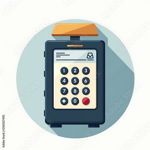 Electronic pin pad terminal icon on blue round background