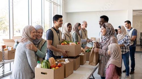 Diverse volunteers distribute fresh food packages and groceries to families in need at a community center, highlighting compassion, generosity, human connection and social solidarity.