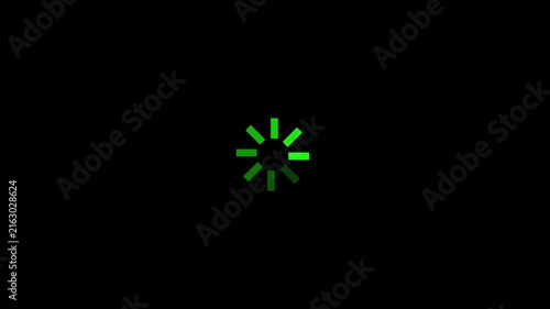 Green circular loading spinner animation on black background, for digital interface, progress buffer waiting
