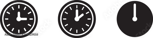 Set of three black and white flat vector clock icons representing time management