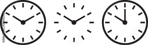 Set of three simple black and white clock icons representing time