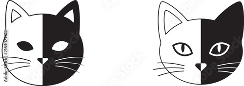 Two minimalist black and white cat head icons with split face design for graphic design projects