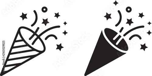 Two party popper celebration icons featuring flat and outline graphic design styles