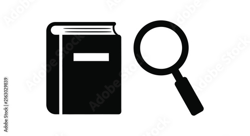 Obraz na plátne Book and magnifying glass depicted as a black silhouette literature reading stud