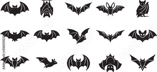 Bat Silhouette Icon Set Featuring Flying and Hanging Halloween Vector Designs