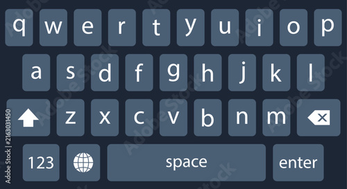 Dark Blue Mobile Keyboard QWERTY Layout with Letter and Function Keys Flat Vector on Dark Background