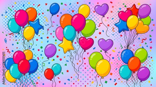 Colorful Balloon Cluster Celebration Scene with Confetti.