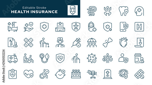 Medical insurance outline icons. Health insuranse, medical protection, safety, diagnostics, clinic services for medical care, doctor and more. Line icon in linear style. Vector collection	