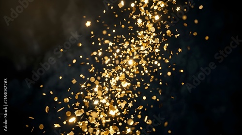 Golden Glitter Cascade Falling Over Dark Background.