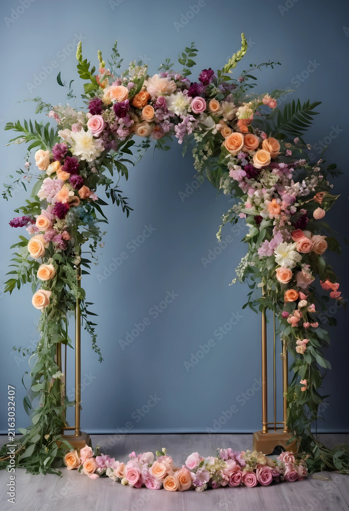 Fototapeta premium Wedding arch with colorful flowers, romantic ceremony decoration, event planning and celebration background