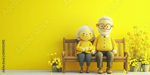 Figurines of an elderly couple sitting on a bench, flanked by potted flowers, set against a yellow wall.