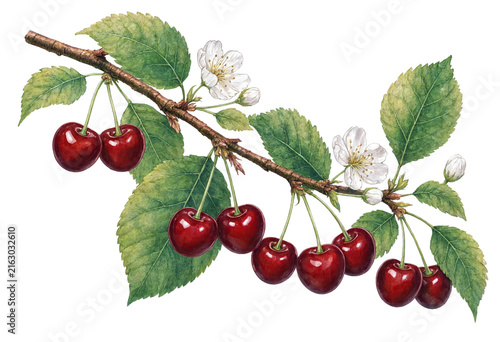 Watercolor cherry branch with fruits, leaves, and blossoms, isolated on transparent background