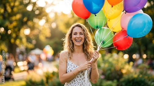 Joyful Woman Holding Colorful Balloons in a Sunny Park.