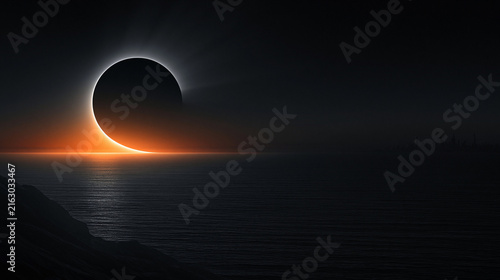 Black Solar Eclipse Rising Above Calm Ocean Horizon