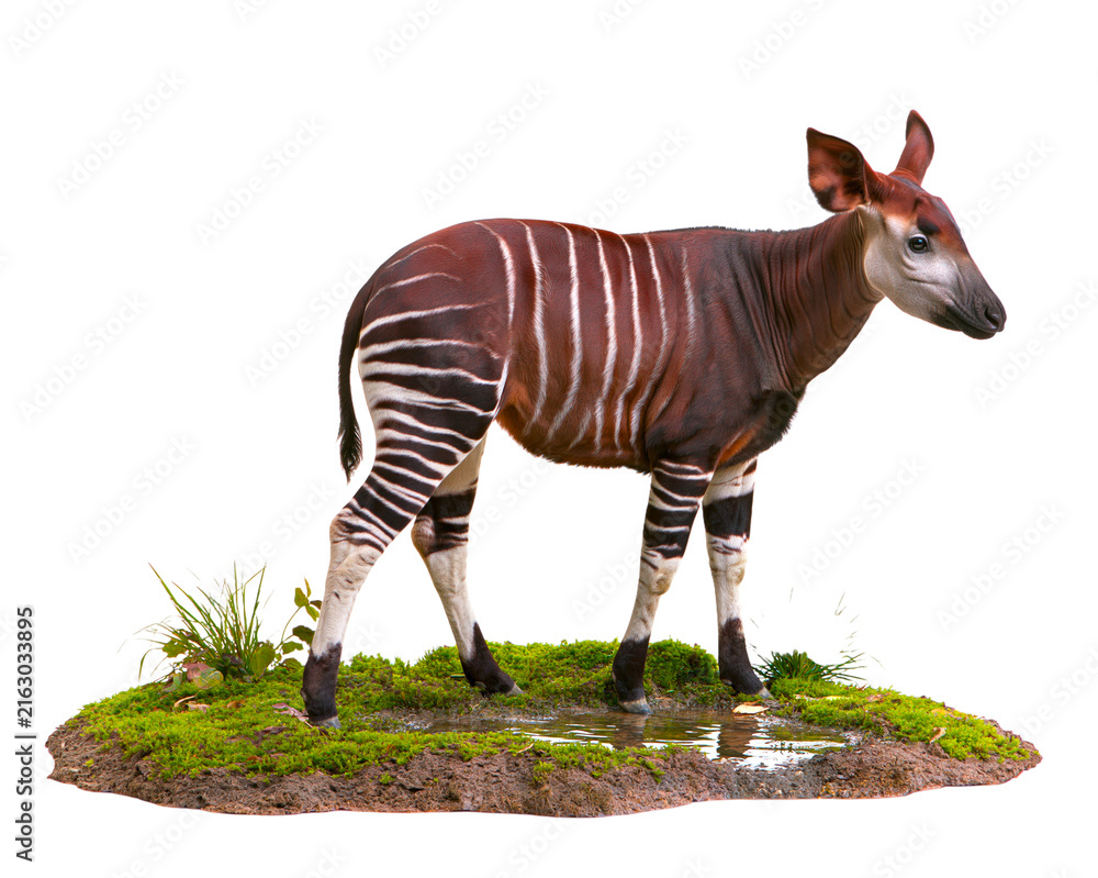 Naklejka premium Okapi standing on grassy mound with puddle and plants isolated on white background