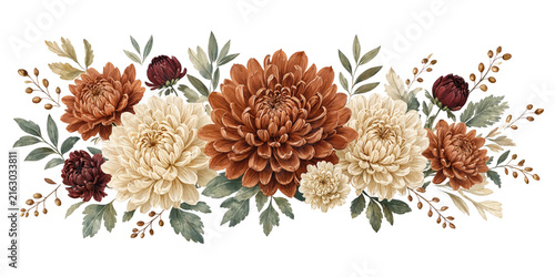 Rust orange chrysanthemums with cream flowers and burgundy buds, refined autumn watercolor botanical arrangement isolated on transparent background. Flower PNG.