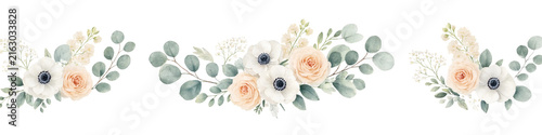 Elegant wedding flower bouquets with roses anemones and eucalyptus isolated on transparent background. Flower PNG.