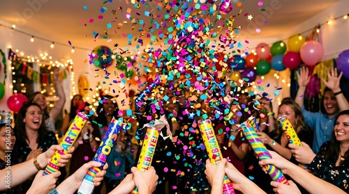 Vibrant Celebration Party with Confetti and Cheers.