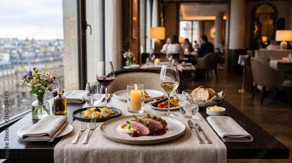 Fototapeta premium Sophisticated dining experience featuring exquisite cuisine and a breathtaking view of the city skyline