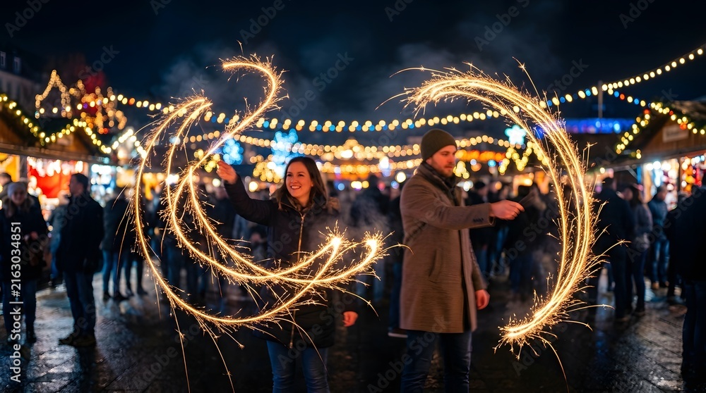 Fototapeta premium Vibrant Night Market Celebration with Sparkler Light Trails.