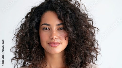 Elegant head-and-shoulders portrait of a young woman with natural makeup and a cheerful gaze in a clean studio setting