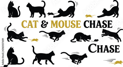 Bild auf Leinwand Black silhouettes of cats chasing mice on a white background