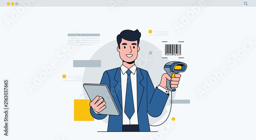 Modern business man scanning barcode with laser gun and holding tablet computer. E-commerce web page vector illustration concept for logistics tracking inventory software and online marketplace