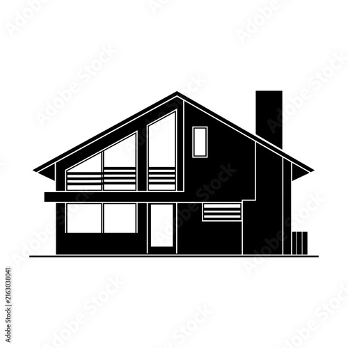 Black and white silhouette of a modern house with an angled roof and large windows, illustrating residential architecture, home ownership, property development, and urban planning